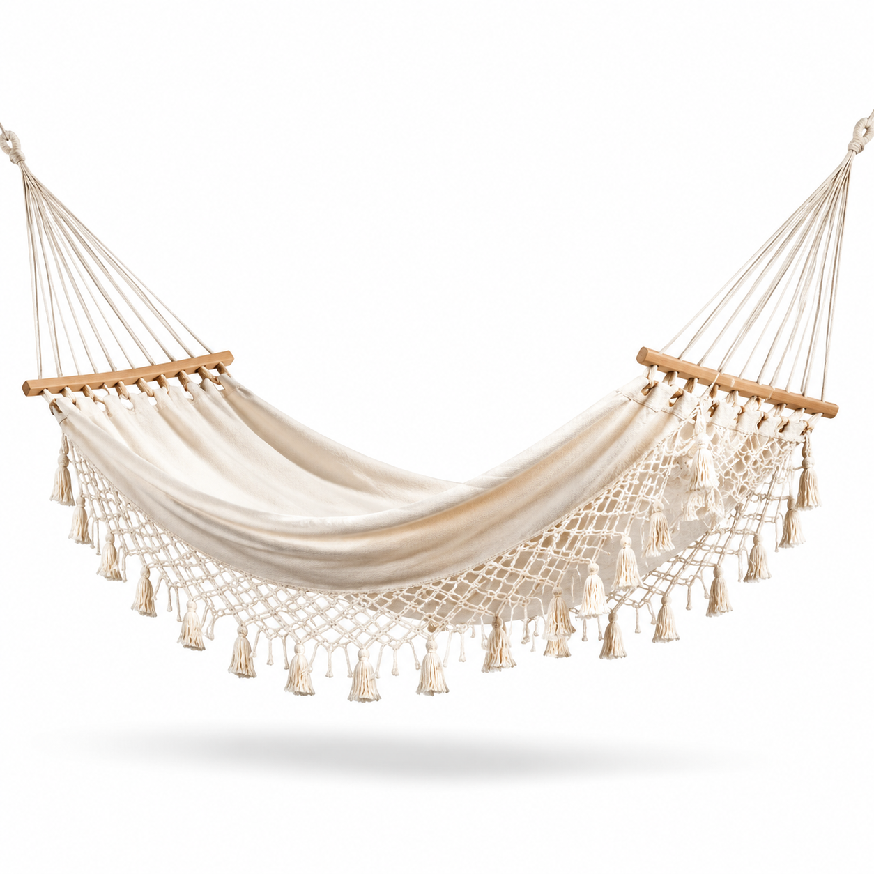 Amaca in Cotone Crema con Frange e Barre in Legno