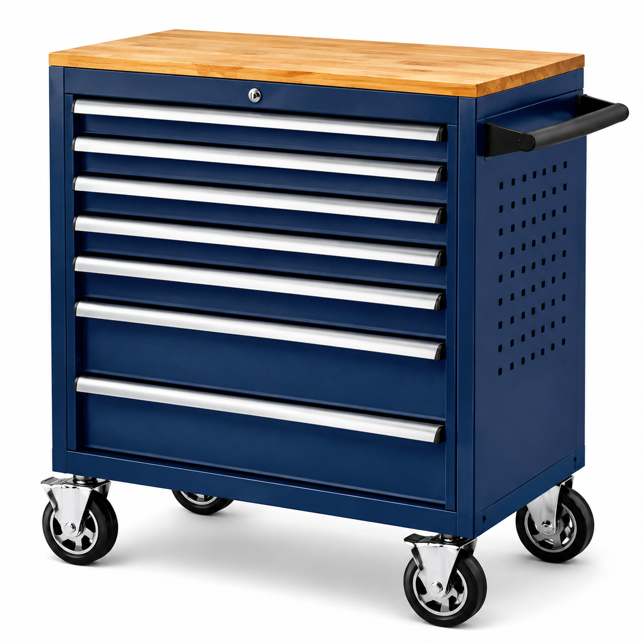 Carrello portautensili in acciaio con 7 cassetti e piano in legno blu