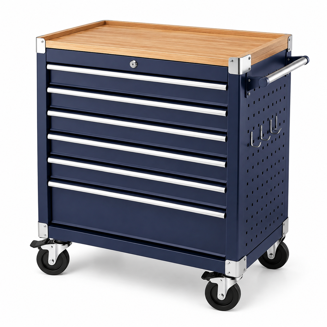 Carrello portautensili in metallo con 7 cassetti e piano in bambù blu
