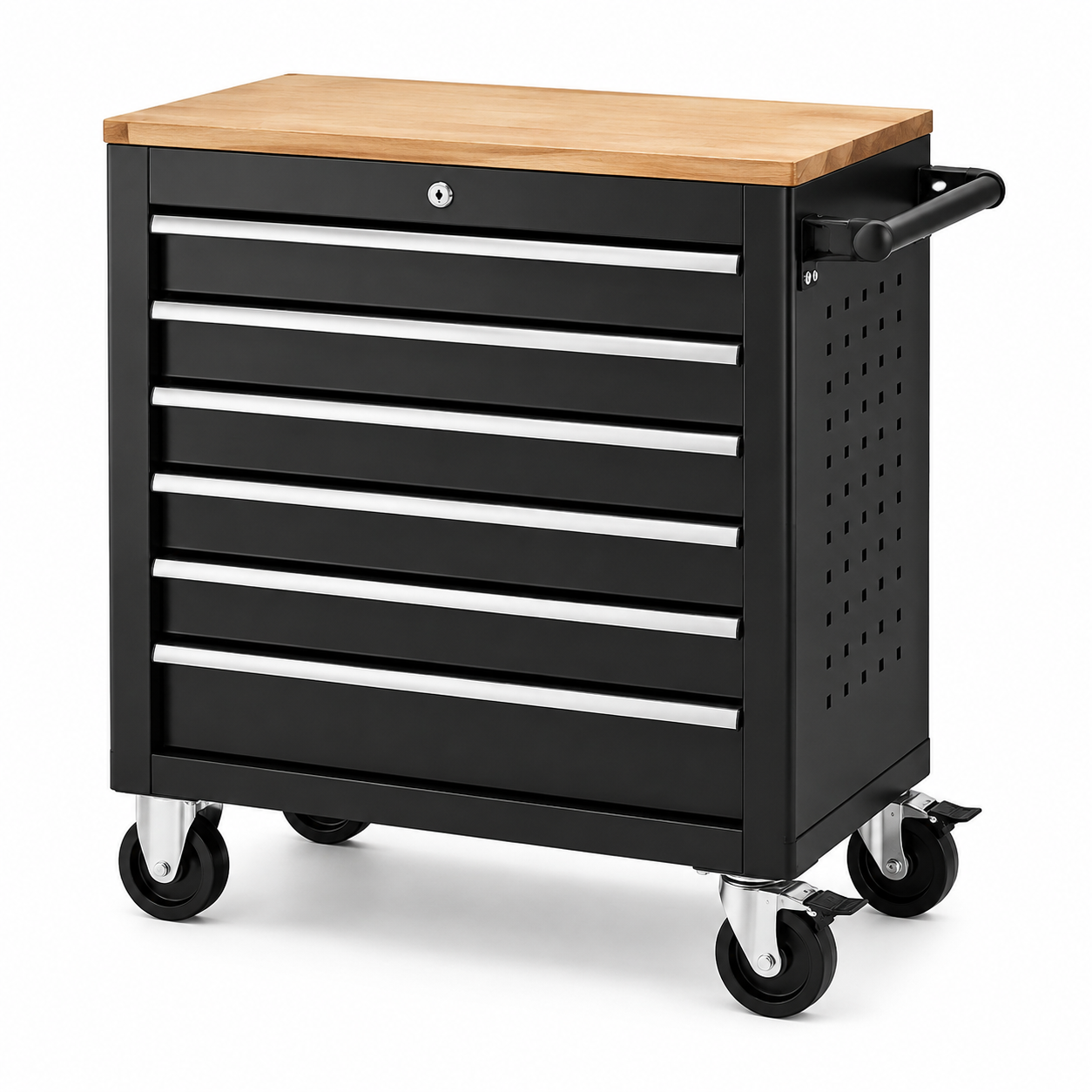 Carrello portautensili a 7 cassetti in metallo nero con piano in legno