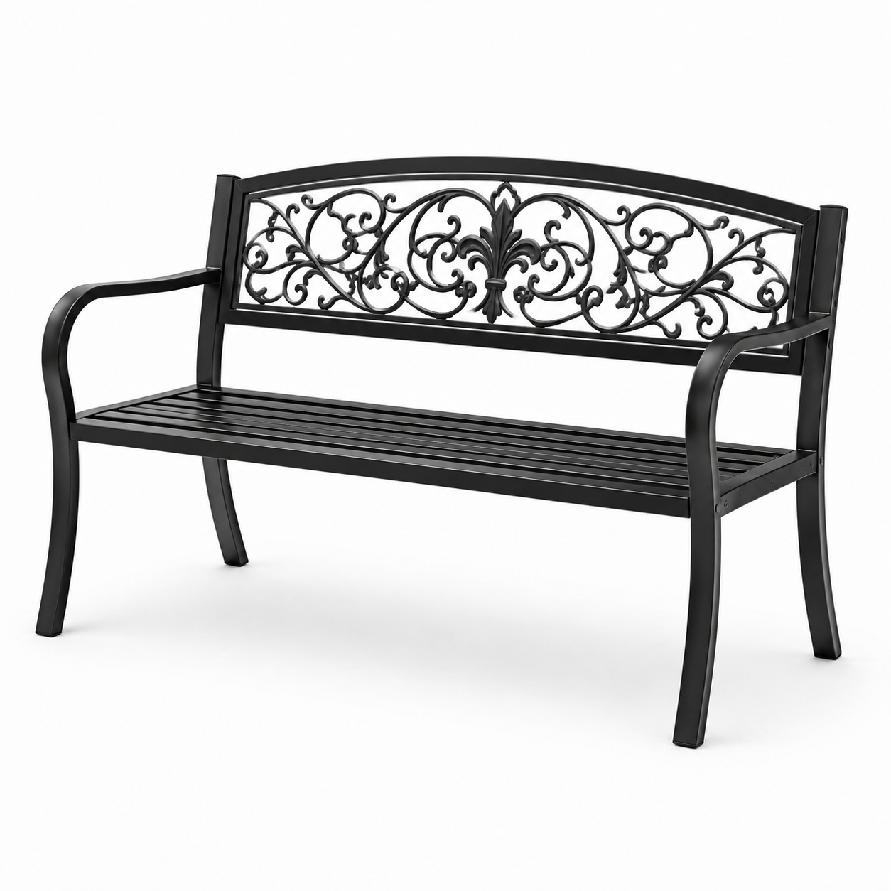 Panchina da giardino in metallo nero con motivo decorativo