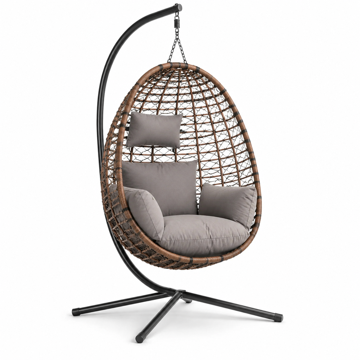 Sedia Sospesa in Rattan con Cuscini Grigi Acciaio