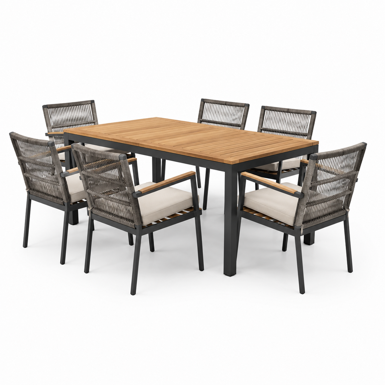 Set da pranzo da giardino 7 pezzi in alluminio e legno con sedie in corda