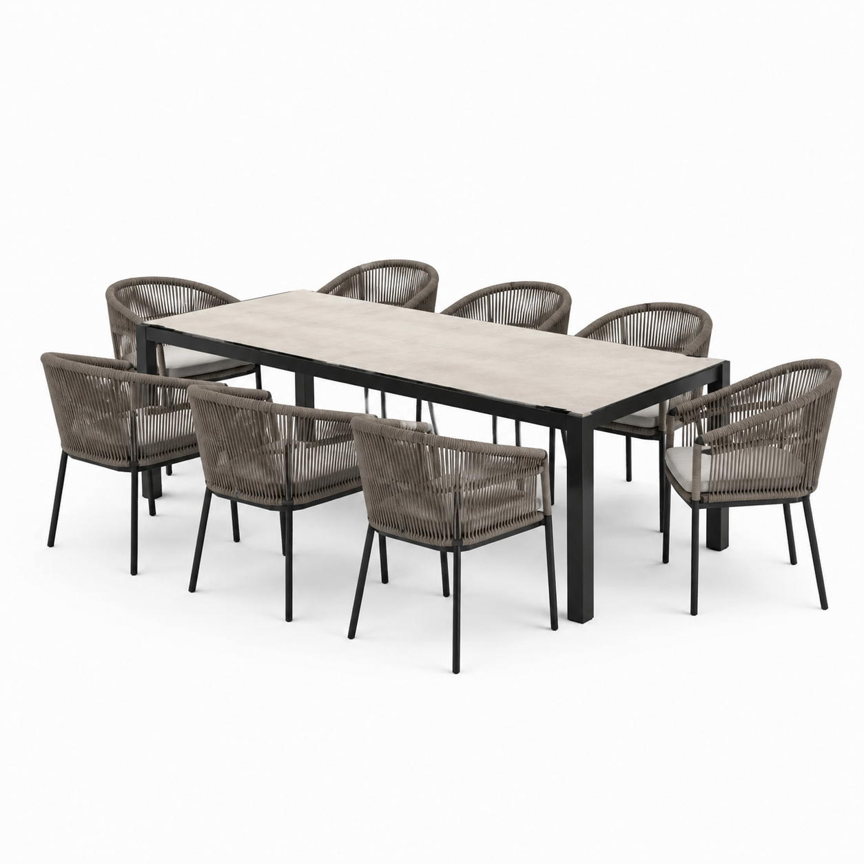 Set pranzo da giardino 8 posti con tavolo in metallo e sedie in corda