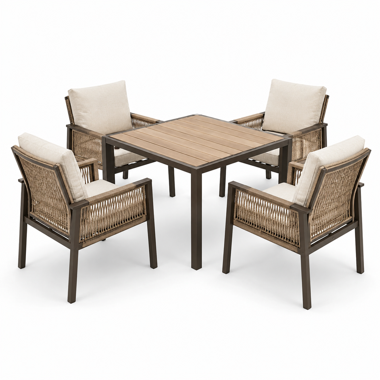 Set da pranzo in legno e metallo con tavolo e 4 sedie in rattan