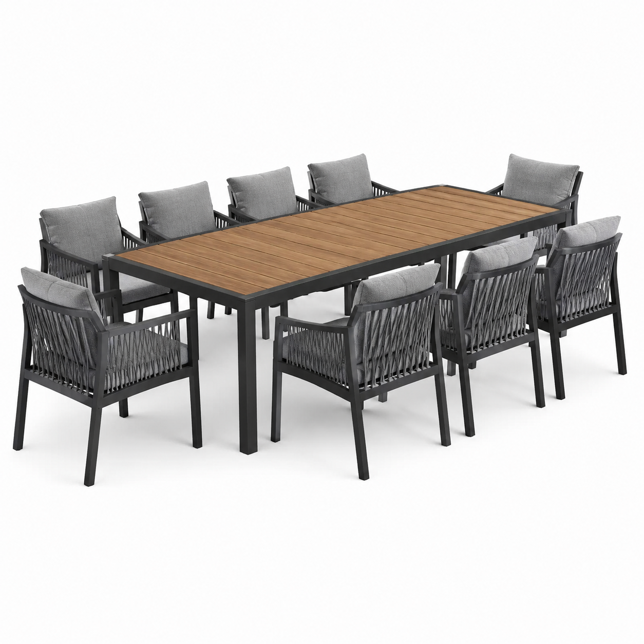 Set da pranzo 9 pezzi con tavolo in alluminio e legno, sedie in alluminio e corde