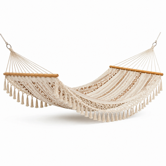 Amaca in Cotone con Frange e Supporto in Legno Beige