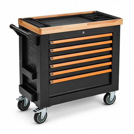 Carrello portautensili in metallo nero e legno con 7 cassetti