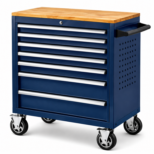 Carrello portautensili in acciaio con 7 cassetti e piano in legno blu