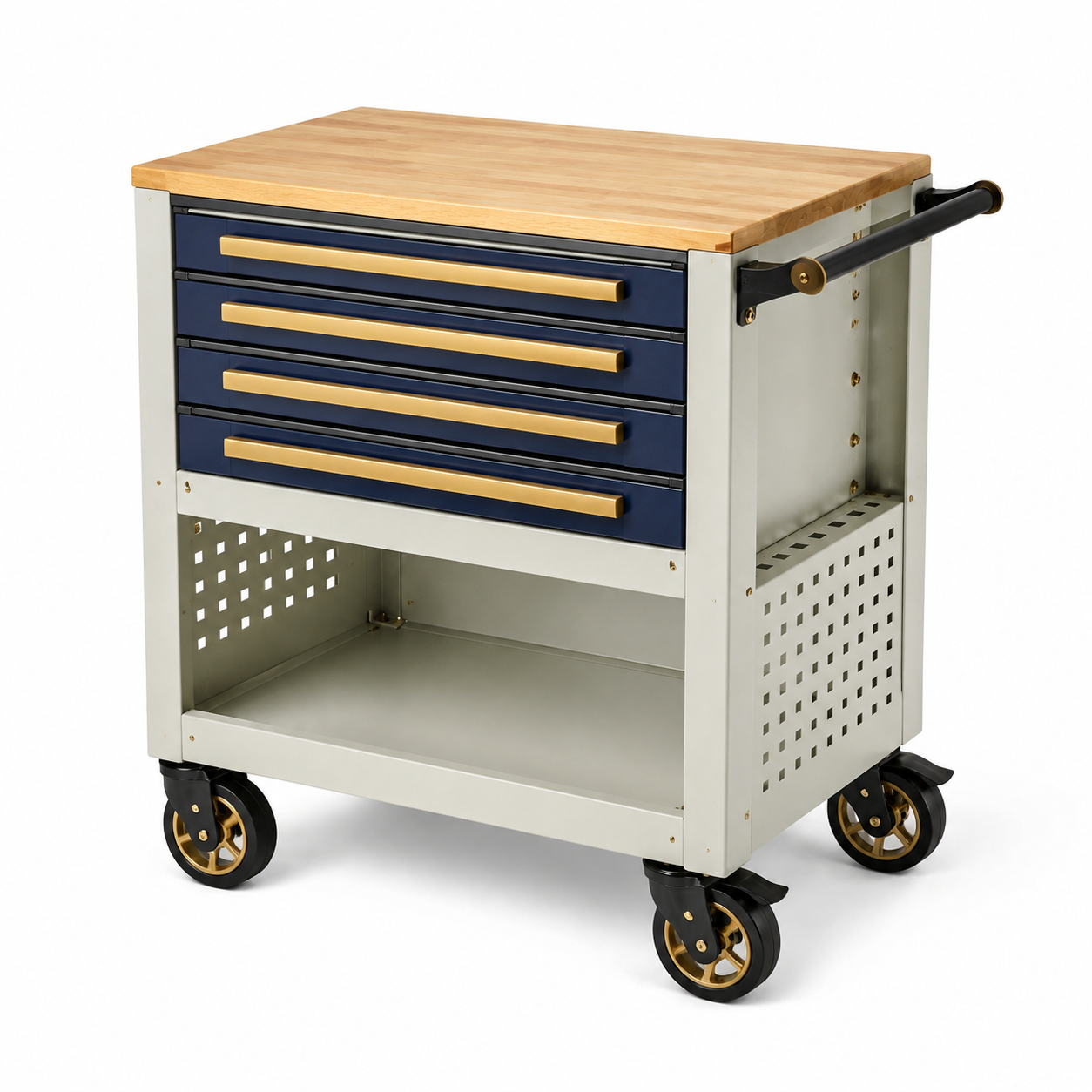 Carrello portautensili in metallo con piano in legno e 4 cassetti Blu Beige