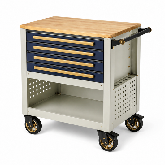 Carrello portautensili in metallo con piano in legno e 4 cassetti Blu Beige