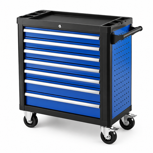 Carrello portautensili in metallo blu a 7 cassetti con ruote