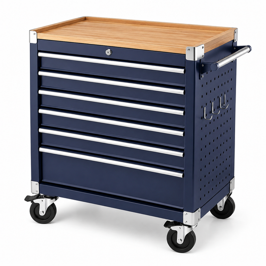 Carrello portautensili in metallo con 7 cassetti e piano in bambù blu