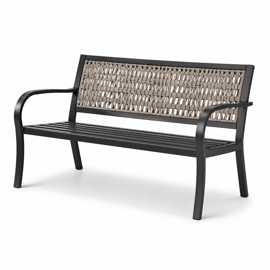Panchina da giardino in acciaio e rattan sintetico intrecciato nero e beige
