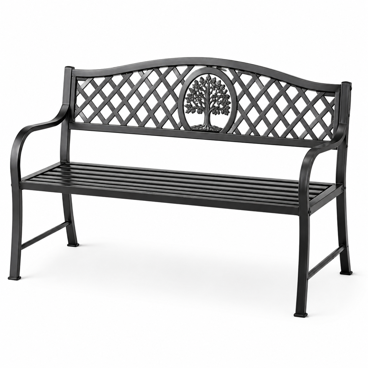 Panchina in metallo nero con schienale decorativo ad albero 125x52x80 cm