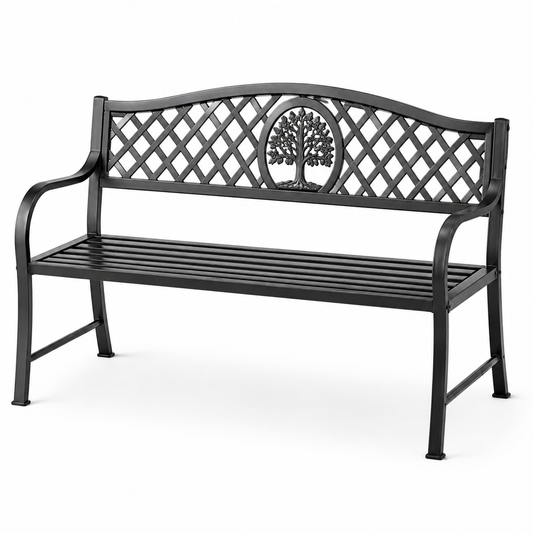 Panchina in metallo nero con schienale decorativo ad albero 125x52x80 cm