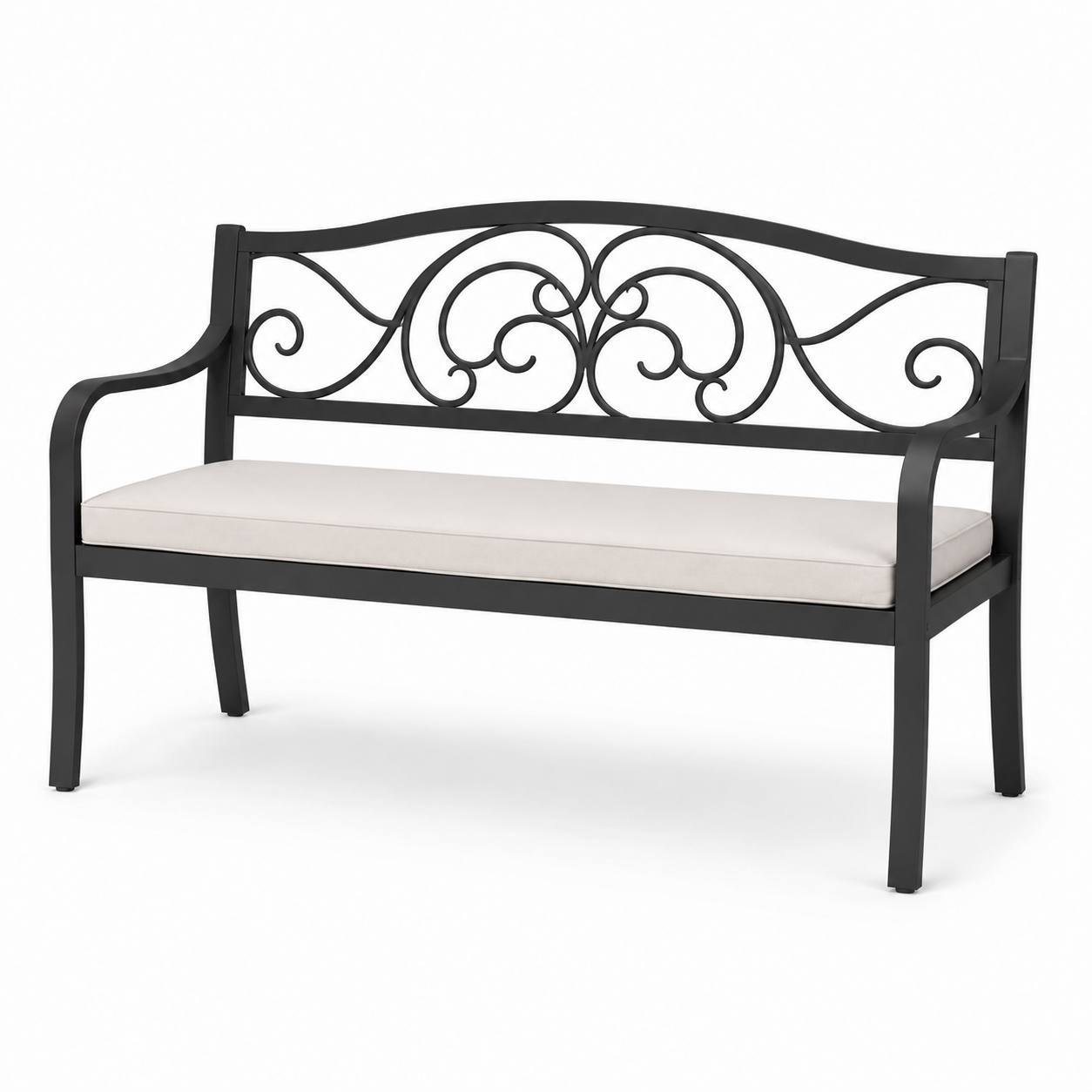 Panchina da esterno in metallo nero con cuscino beige