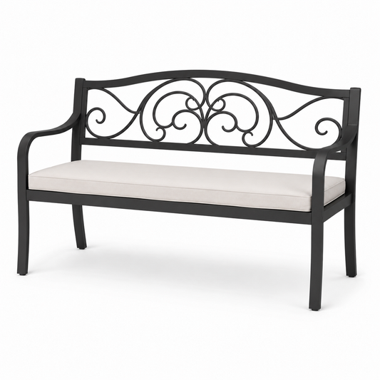 Panchina da esterno in metallo nero con cuscino beige