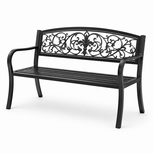 Panchina da giardino in metallo nero con motivo decorativo