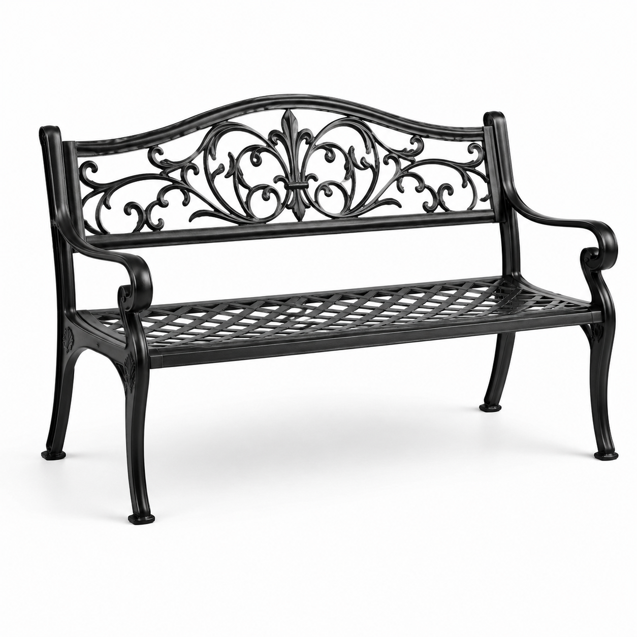 Panchina da giardino in metallo nero con decorazioni