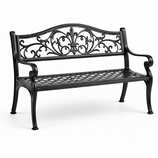Panchina da giardino in metallo nero con decorazioni