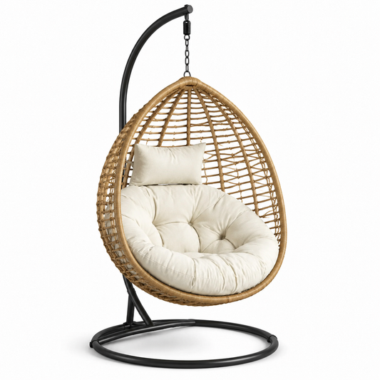 Sedia sospesa in rattan sintetico con cuscino crema