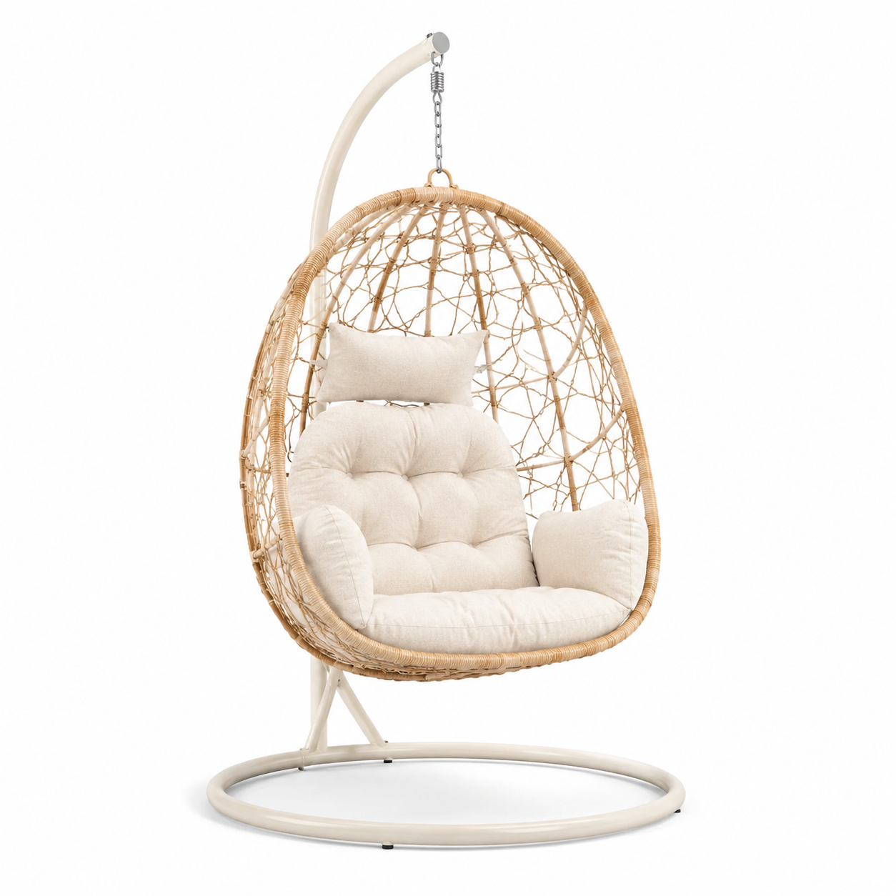 Poltrona sospesa in rattan con cuscini e struttura in acciaio beige