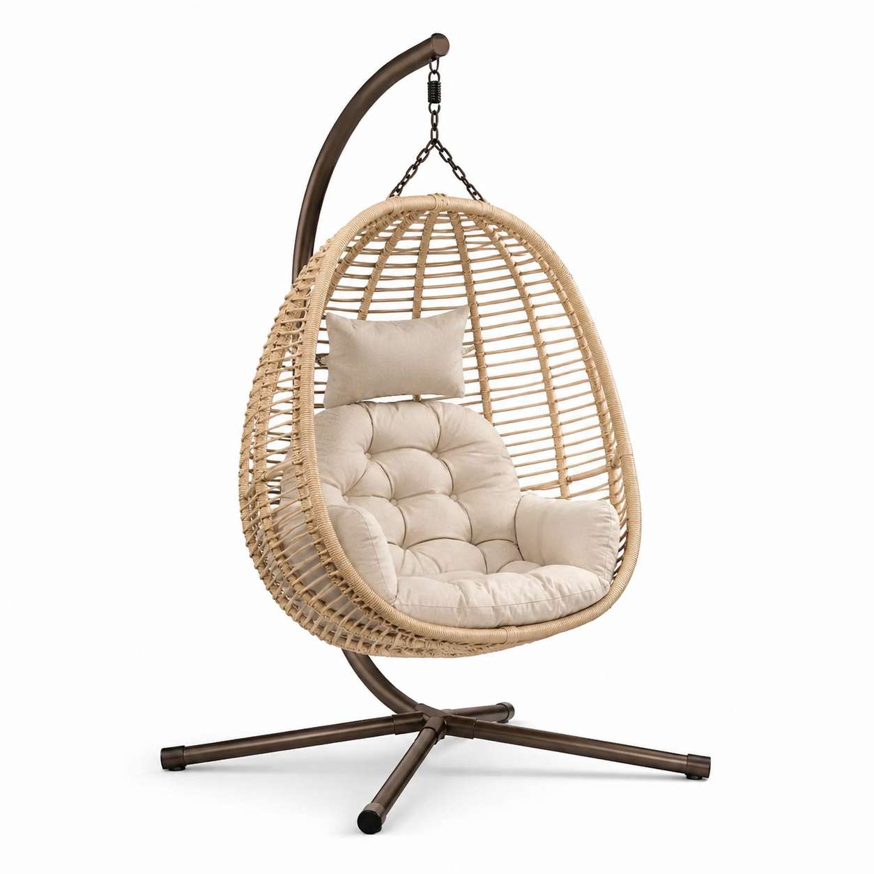Poltrona sospesa in rattan sintetico beige con struttura in acciaio