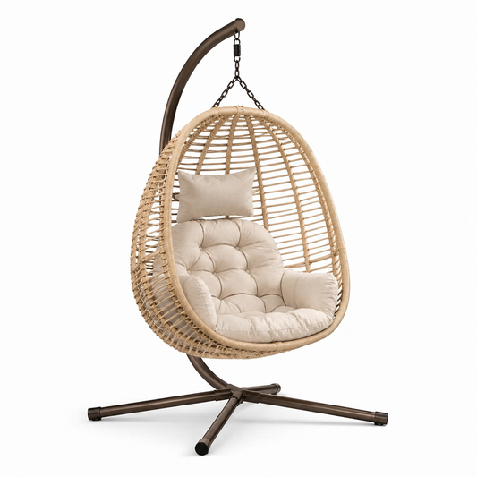 Poltrona sospesa in rattan sintetico beige con struttura in acciaio