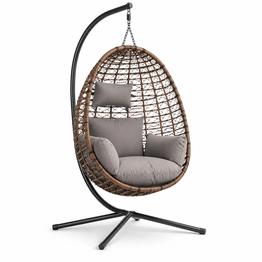 Sedia Sospesa in Rattan con Cuscini Grigi Acciaio