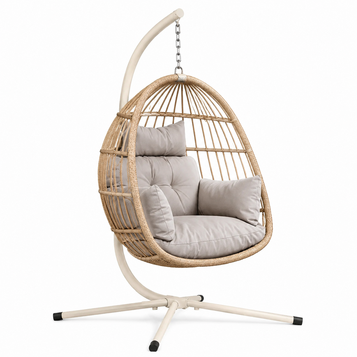 Sedia Sospesa con Rattan Sintetico, Cuscini in Poliestere Grigi e Struttura in Acciaio Beige