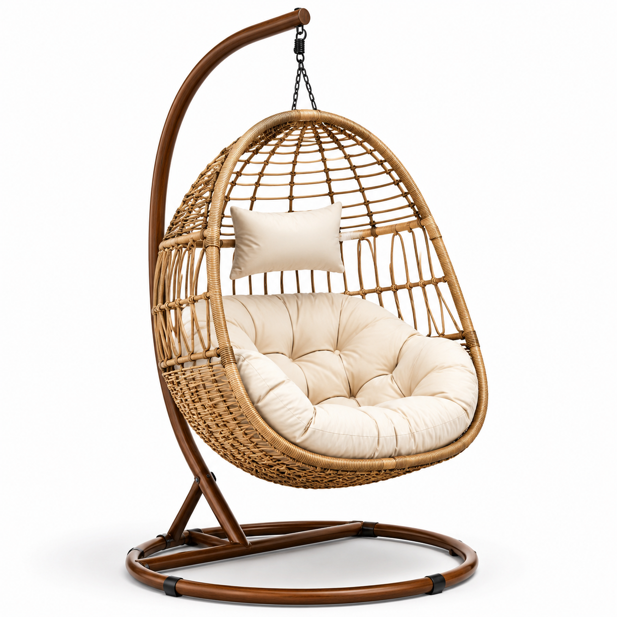 Sedia sospesa in rattan con cuscino in poliestere beige