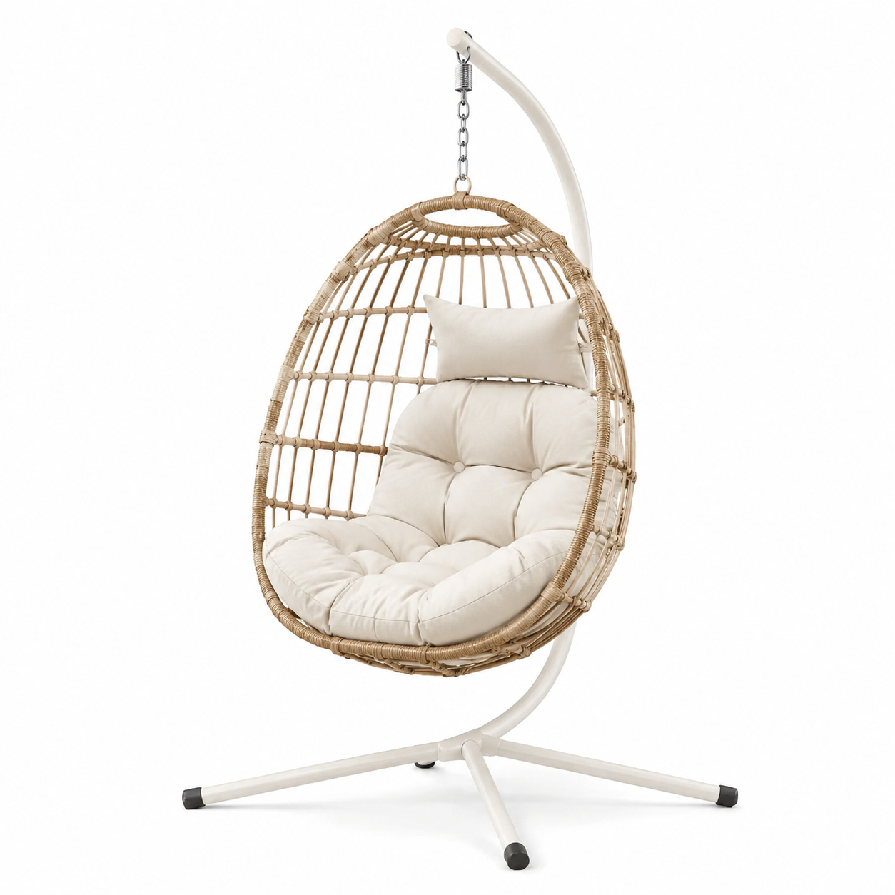 Sedia sospesa in rattan e acciaio con cuscino crema