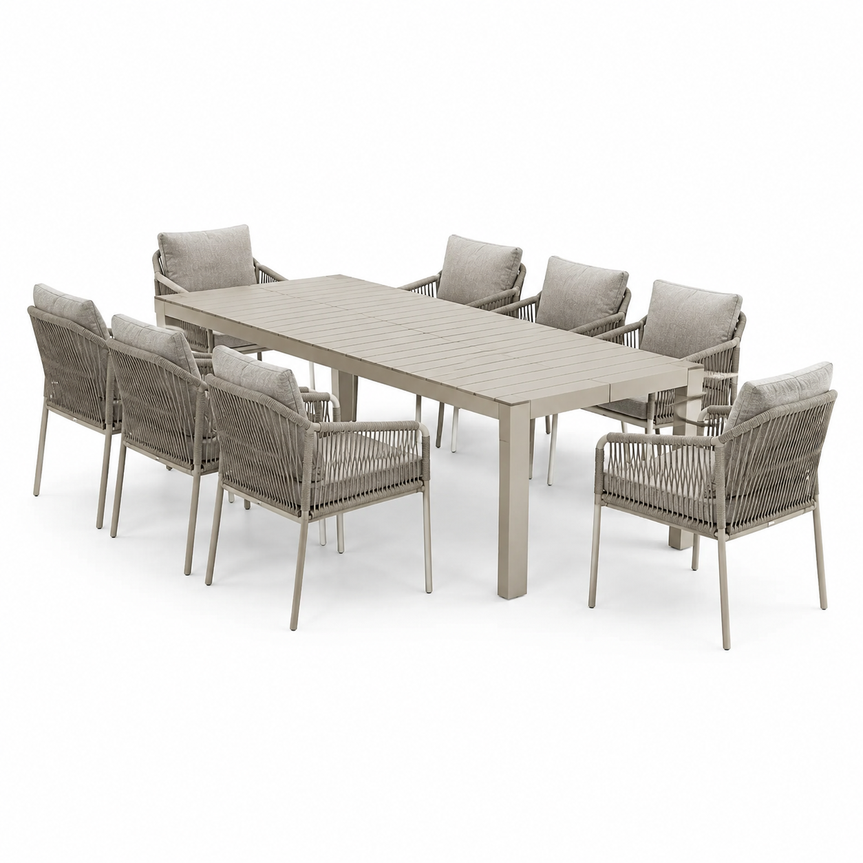 Set da pranzo esterno 9 pezzi alluminio e corda beige