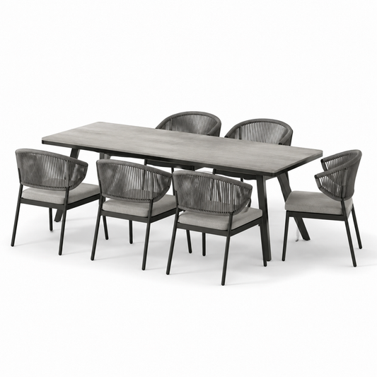 Set da pranzo da giardino in metallo e corda, 6 pezzi