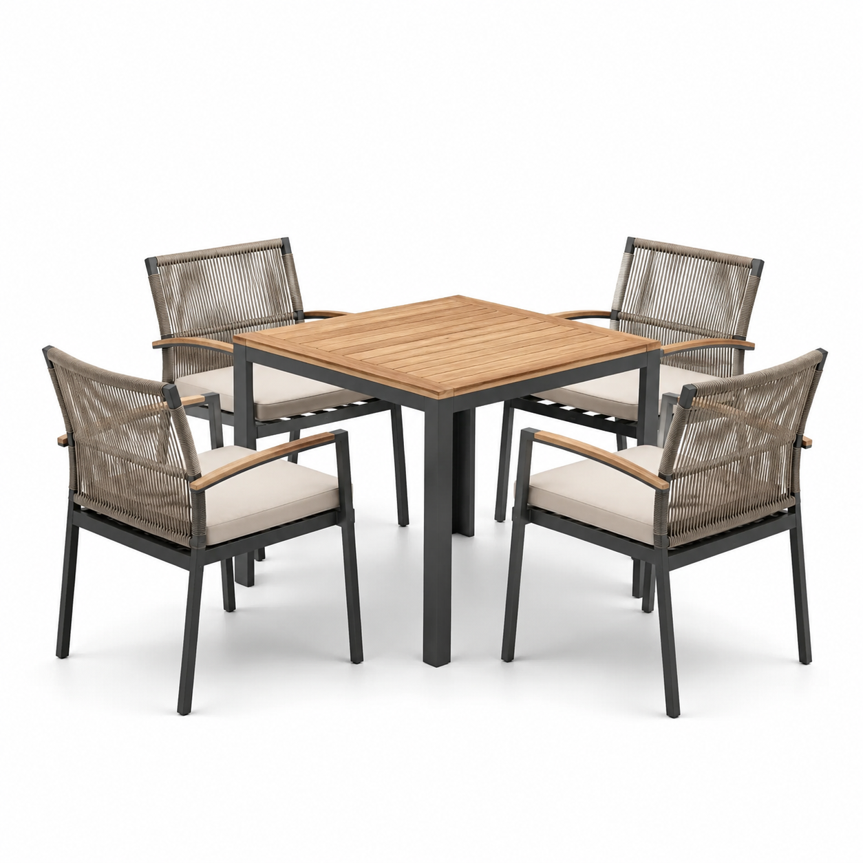 Set da pranzo in legno e metallo con sedie in corda