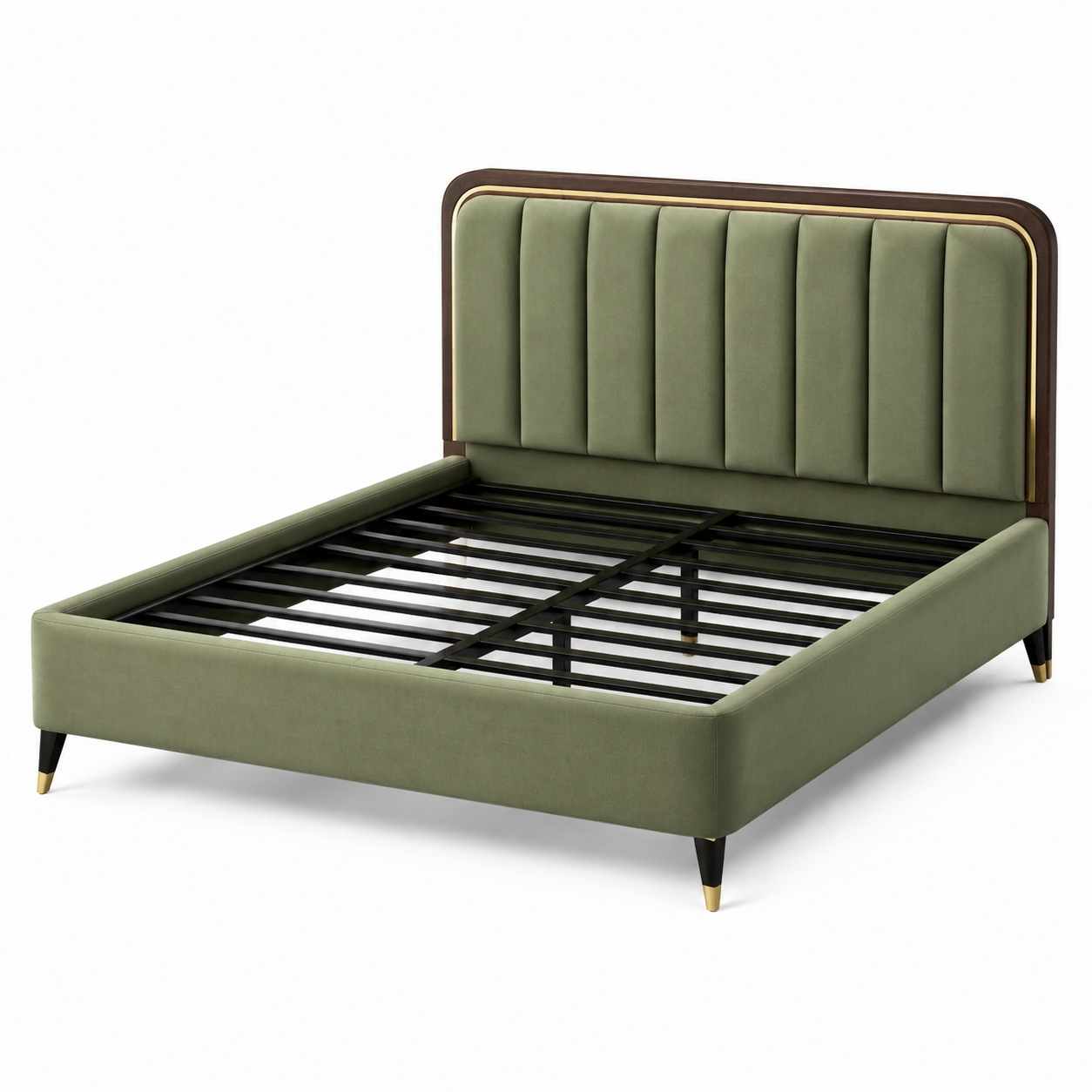 Letto matrimoniale in velluto verde con struttura in metallo
