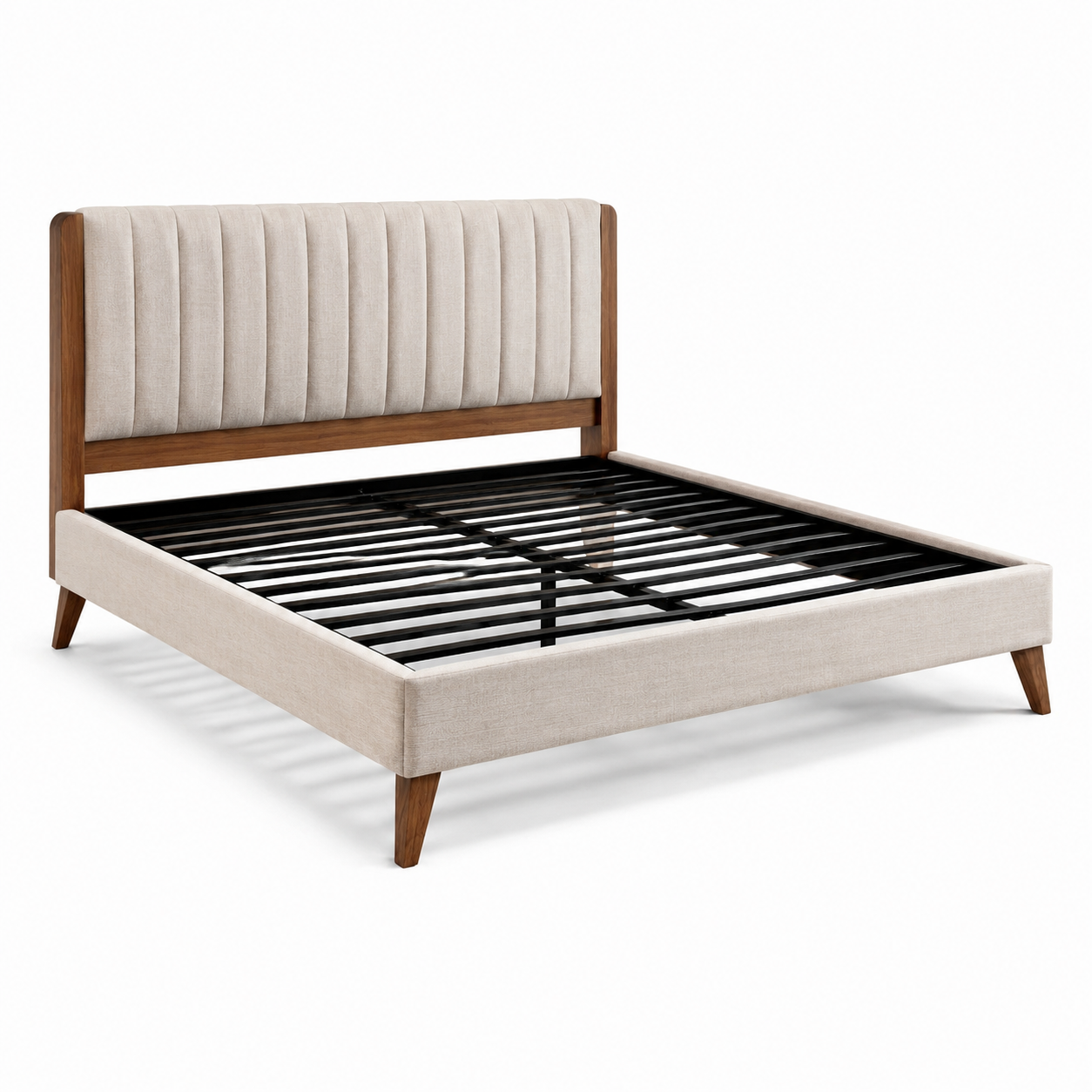 Letto matrimoniale in legno e tessuto beige 200x160 cm