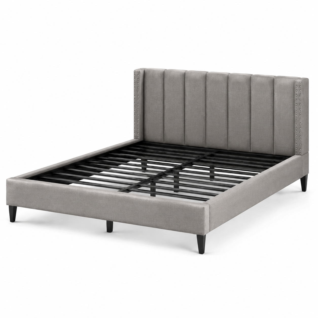 Letto matrimoniale in metallo e tessuto grigio